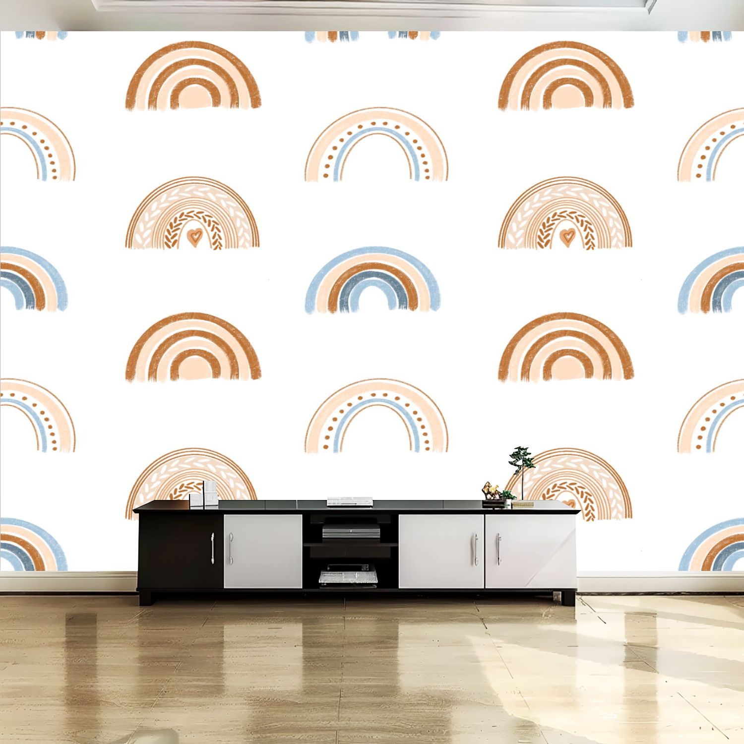 Peel and Stick Canvas Wallpaper Wall Mural Seamless pattern hand drawn boho rainbow pastel blue neutral beige Wall Art Self Adhesive and Removable 69in x 98in
